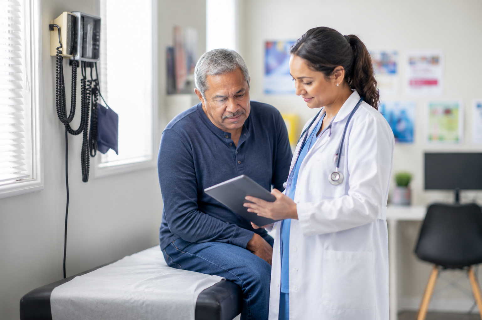 A doctor reviewing results on a tablet with an older patient in an exam room